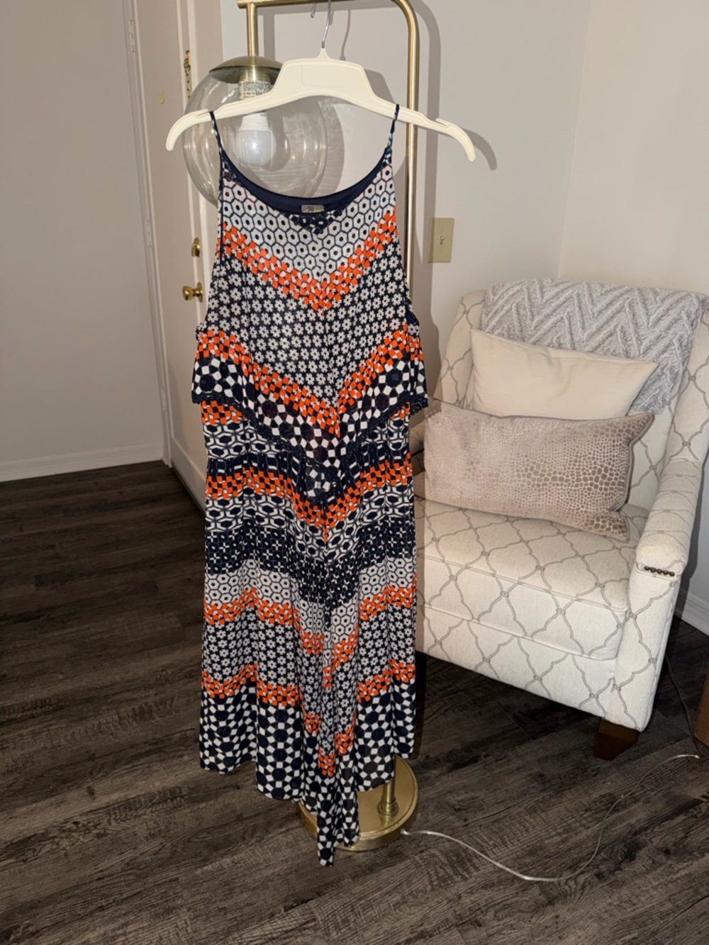 Taylor Navy and Orange Geometric Asymmetrical Maxi Dress